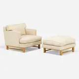 Lounge chair and ottoman by Edward Wormley, c. 1955, linen upholstery, bleached mahogany, sold Jul 2022