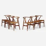 Wishbone chairs, set of six by Hans J. Wegner, 1950, oak, cord, sold Jul 2022