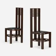 Chairs, pair by Charles Rennie Mackintosh, oak, leather upholstery, sold Nov 2025