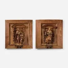 Architectural panels with Saints, set of two by North Italian, carved wood, sold Nov 2025