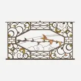 Paul Fehér or Edgar Brandt, Transom window grate with a skein of geese, enameled and patinated iron, brass