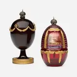 Theo Fabergé, Swag and Encore eggs, 1989, 1992, cocobolo wood, lead crystal, 23 karat gold, silver, silver-parcel gilt, ruby
