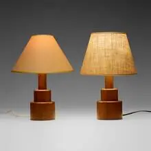 Sidney Moss, Table lamps, pair, c. 1930, wood, linen and paper shades