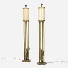 Torchieres, pair by Art Deco-Style, c. 1945, powder-coated white metal and steel, marbelized and metallic foiled milk glass, sold Nov 2025