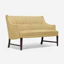 Settee by Frits Henningsen, c. 1945, upholstery, mahogany, sold Nov 2025
