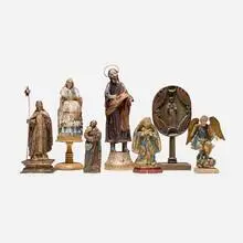 Collection of seven Spanish Colonial Santos figures by South American, painted and gilt wood, metal, sold Nov 2025