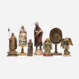 South American, Collection of seven Spanish Colonial Santos figures, painted and gilt wood, metal