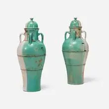 20th Century, Monumental urns, pair, glazed earthenware, copper rivets