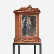 Spanish Colonial figure of a Saint in reliquary box by South American, carved wood, glass, silver plate, sterling silver, painted wood, sold Nov 2025