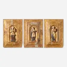 Spanish Colonial Icons, set of three by South American, gessoed, gilt and painted wood, sold Nov 2025
