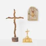 South American, Collection of three Spanish Colonial crucifixes, gilt and painted wood