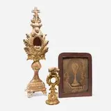 South American, Collection of three Spanish Colonial devotional objects, gilt wood, painted wood, painted steel, bone, glass