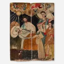 South American, Spanish Colonial devotional panels (diptych), 1841, oil on paper laid to wood mounted to board