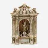 South American, Spanish Colonial tabernacle with Saint, painted wood