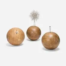 Antique, Spheres with religious implements, set of three, wood, iron