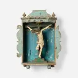 South American, Spanish Colonial crucifix in reliquary box, painted wood, tin