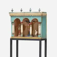 South American, Spanish Colonial crucifixes in reliquary box, painted wood, plaster, textile