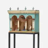 South American, Spanish Colonial crucifixes in reliquary box, painted wood, plaster, textile