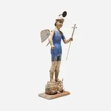 South American, Spanish Colonial Saint Michael figure, painted wood, glass, bronze