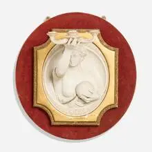 Classical Revival, Wall plaque candle sconce with female nude from the Tony Duquette estate, cast marble powder, gilt wood, velvet over wood