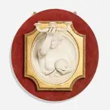 Classical Revival, Wall plaque candle sconce with female nude from the Tony Duquette estate, cast marble powder, gilt wood, velvet over wood