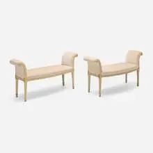 George III, Benches, pair, painted and parcel gilt beech, upholstery