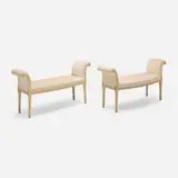 George III, Benches, pair, painted and parcel gilt beech, upholstery