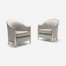 Art Déco, Armchairs, pair, c. 1935, silver-leaf over lacquered wood, silk upholstery, vinyl