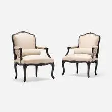 Louis XV Style, Fauteuils à la reine, pair, carved and stained beech, upholstery, painted steel