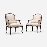 Louis XV Style, Fauteuils à la reine, pair, carved and stained beech, upholstery, painted steel