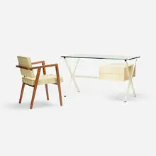 Franco Albini, desk, model 80 and armchair, model 48, 1949, enameled steel, lacquered wood, walnut, vinyl, glass, acrylic