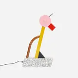 Tahiti lamp by Ettore Sottsass, 1981, enameled steel, laminate, enameled brass, chrome-plated brass, lacquered wood, sold Jul 2016