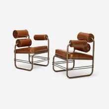 Jordan Mozer, Nautilus lounge chairs, pair, 1985, patinated steel, leather and brass