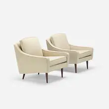 Milo Baughman, lounge chairs, pair, c. 1955, upholstery, stained walnut