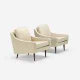 Milo Baughman, lounge chairs, pair, c. 1955, upholstery, stained walnut
