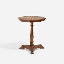 19th Century, game table, carved and stained oak, turned walnut, bird's-eye maple, rosewood, maple