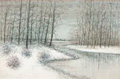 Winter River Landscape by Raphael Senseman, watercolor, offered Mar 2020