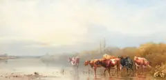 Thomas Francis Wainewright, Untitled, watercolor on paper depicting a cattle in a stream with a castle tower in the background