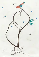 Ed Baynard, he Little Bird and The Leaves of Grass, 1996, Linocut/Relief/Pochoir with Thai Garden Grass collage
