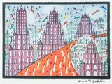 Howard Finster, Cityscape with Pink Buildings, signed by Finster in black marker lower right, lithograph