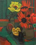 Still Life with Daisies and Other Flowers by Selma Goldwitz, oil on Masonite panel, offered Mar 2020