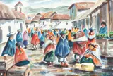 ; Village Market by Arturo Nieto, watercolor, offered Mar 2020