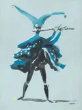 3 Theatrical Costume Studies (Flute Playing Harlequin, African Dancer, Seated Fiddler), 1950's by Mozelle W. Thompson, watercolor and gouache on tinted paper, offered Mar 2020