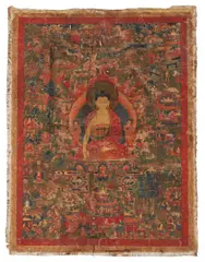 Thangka, Tibet, c. by Shakyamuni Buddha Jataka, gouache on cotton, offered Mar 2020