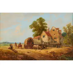 John Holland, including (i) Figures By An Inn and (ii) Figures By An Inn with a Covered Cart, oils on canvas