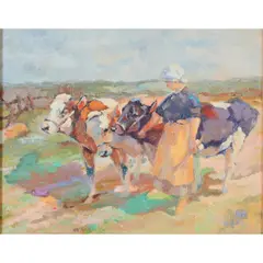 Woman with Three Cows, after Heinrich Von Zugel (German, 1850 - 1941) by Carol Peek, oil on board, [approximate dimensions -, offered Sep 2025
