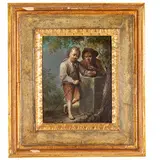 Giovani contadini che giocano con uccellini by Johann Conrad Seekatz, oil on canvas applicata on cardboard, offered Feb 2025