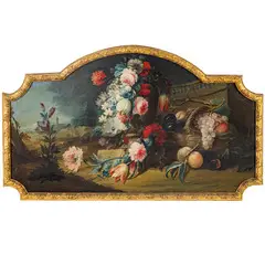 Michele Antonio Rapous, Nature morte con fiori, frutta ed architetture, oil on canvas