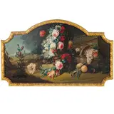 Michele Antonio Rapous, Nature morte con fiori, frutta ed architetture, oil on canvas