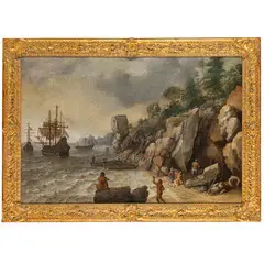 Isaac Willaerts, Veduta costiera con navi alla fonda e figure, oil on canvas